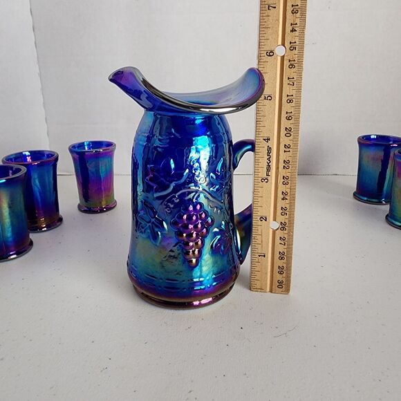 Vintage Gibson Carnival Glass Pitcher Glass Set Miniature Blue Irridecent 1996 - Picture 11 of 12